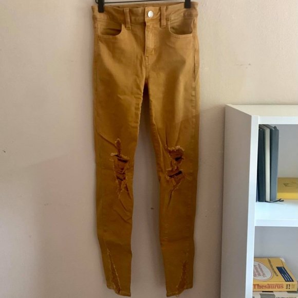American Eagle Outfitters Denim - Mustard, Destroyed High Rise Jeggings